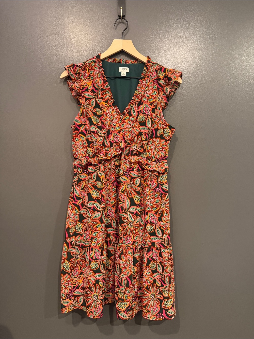 LOFT Paisley Ruffle V-Neck Midi Dress in Orange, Pink, Green, Black